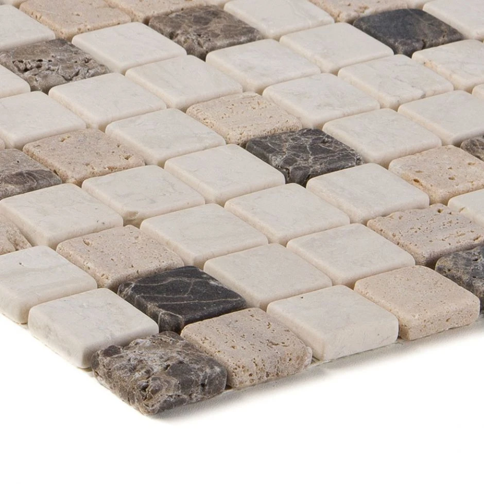 Natursteinmosaik Quadrat Kronos Travertin Beige Noce Marron Emperador Getrommelt 30,5x30,5 Cm Mosaikfliesen â Bild 2